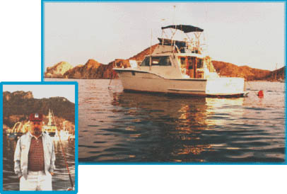 Tom Sample on board his Hatteras, Misty, Cabo San Lucas Baja, Mex in the 1980's