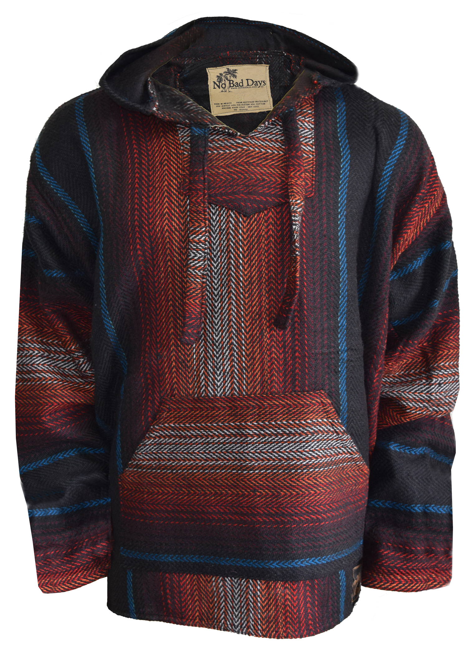 No Bad Days: No Bad Days Baja Hoodie - Black Blue Red Orange White  Herringbone